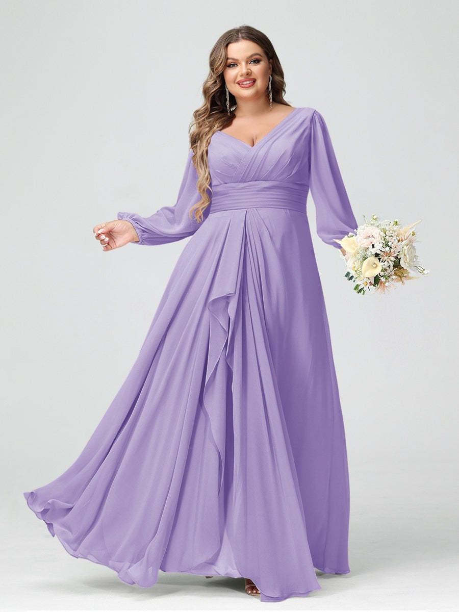Plus Size Chiffon Bridesmaid Dress with V-Neck, Long Sleeves, and Pockets in A-Line/Princess Style