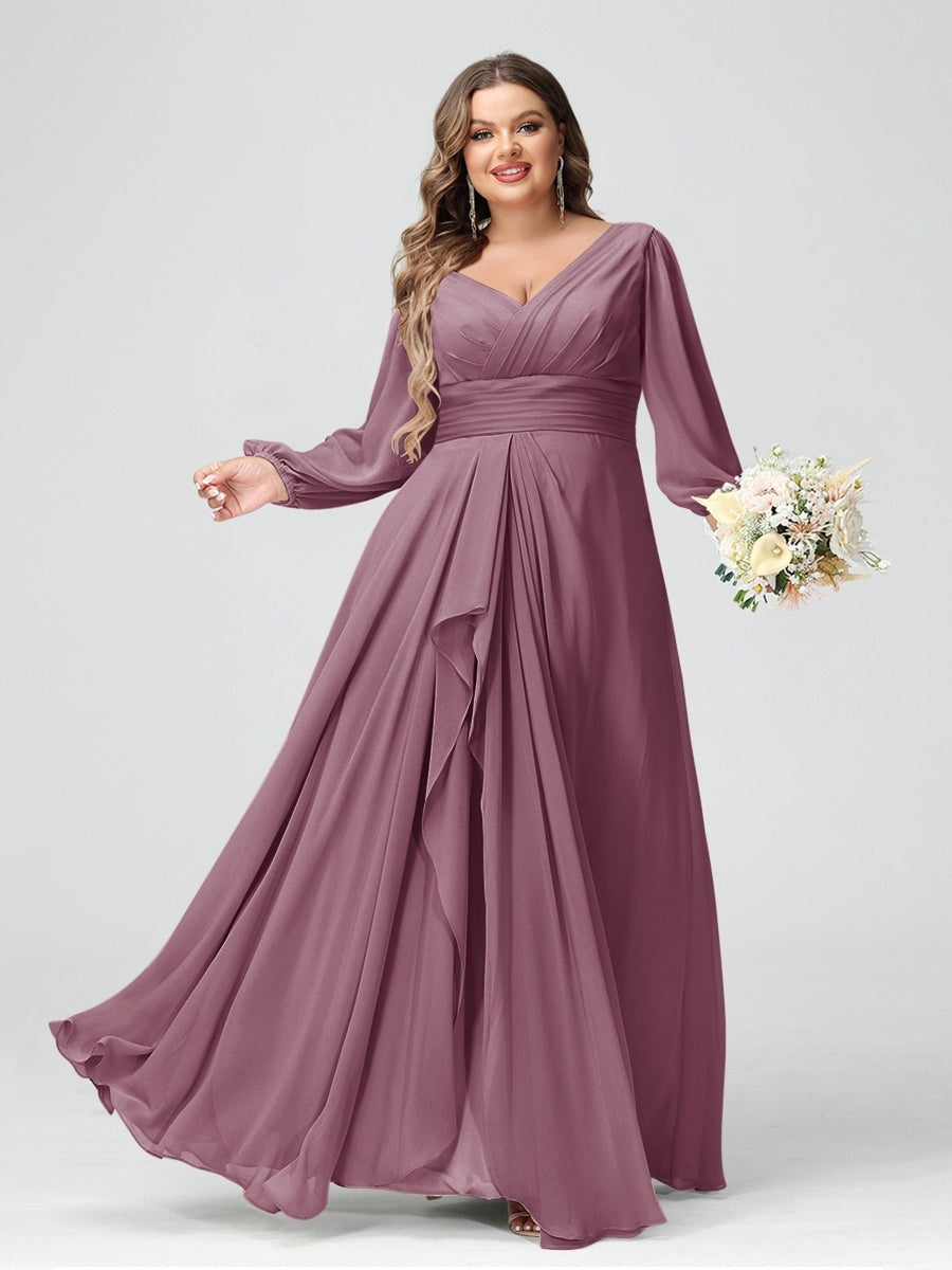 Plus Size Chiffon Bridesmaid Dress with V-Neck, Long Sleeves, and Pockets in A-Line/Princess Style
