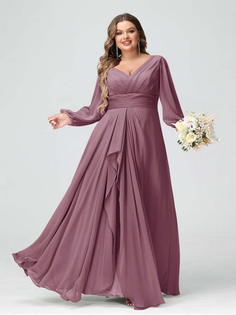 Plus Size Chiffon Bridesmaid Dress with V-Neck, Long Sleeves, and Pockets in A-Line/Princess Style