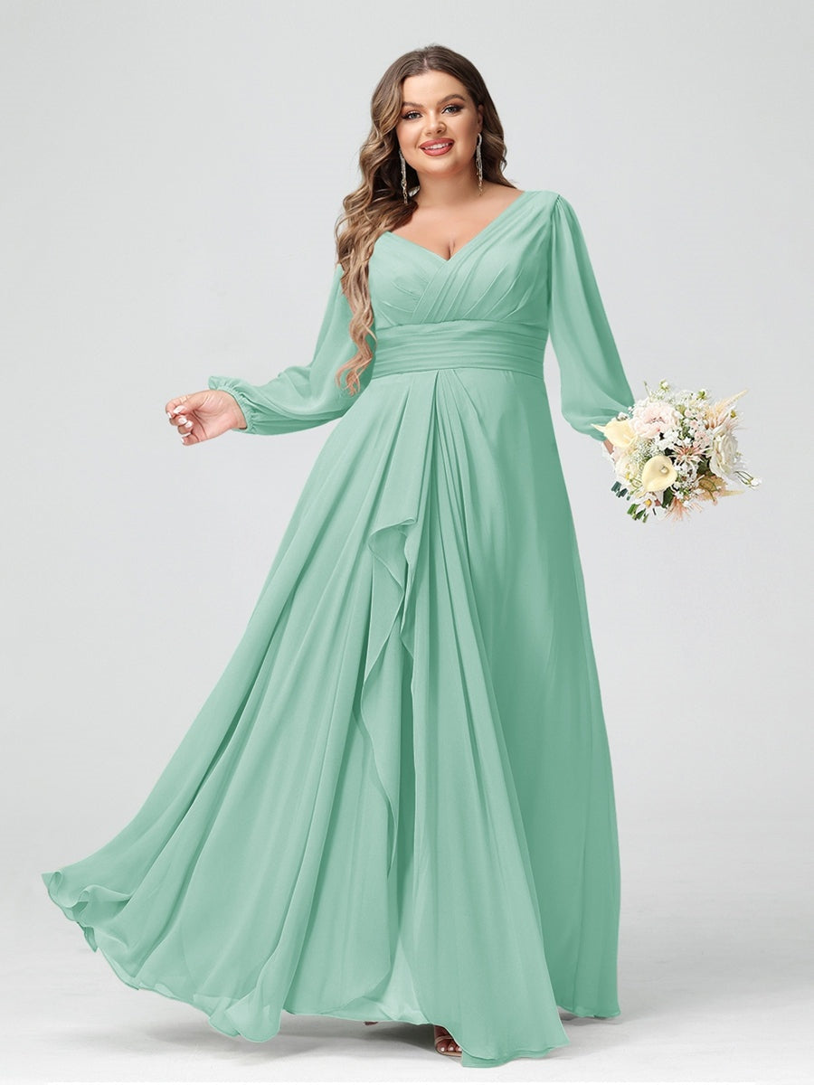 Plus Size Chiffon Bridesmaid Dress with V-Neck, Long Sleeves, and Pockets in A-Line/Princess Style