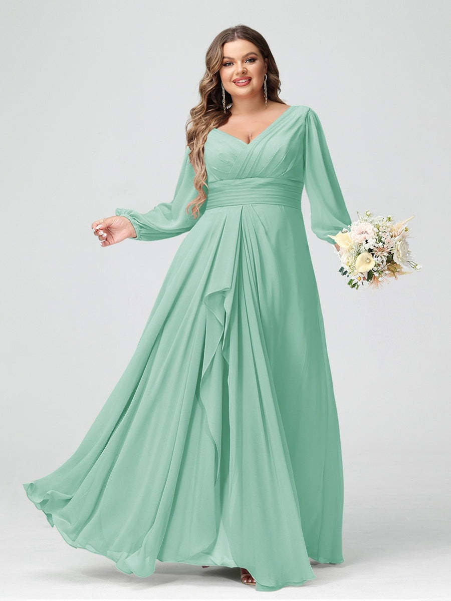 Plus Size Chiffon Bridesmaid Dress with V-Neck, Long Sleeves, and Pockets in A-Line/Princess Style