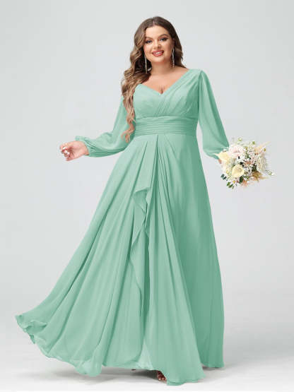 Plus Size Chiffon Bridesmaid Dress with V-Neck, Long Sleeves, and Pockets in A-Line/Princess Style
