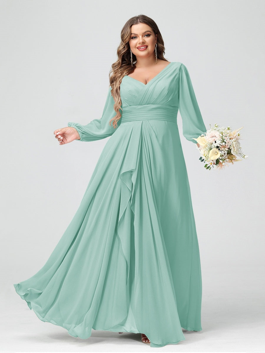 Plus Size Chiffon Bridesmaid Dress with V-Neck, Long Sleeves, and Pockets in A-Line/Princess Style