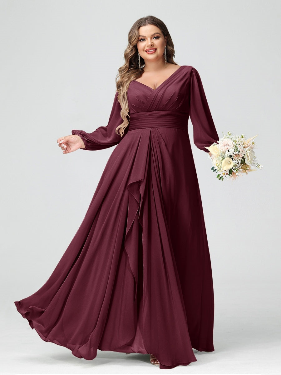 Plus Size Chiffon Bridesmaid Dress with V-Neck, Long Sleeves, and Pockets in A-Line/Princess Style