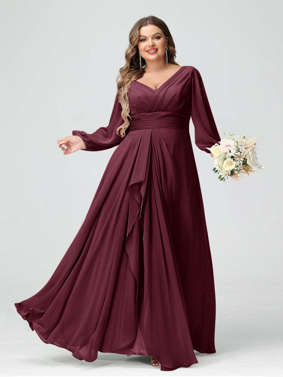 Plus Size Chiffon Bridesmaid Dress with V-Neck, Long Sleeves, and Pockets in A-Line/Princess Style