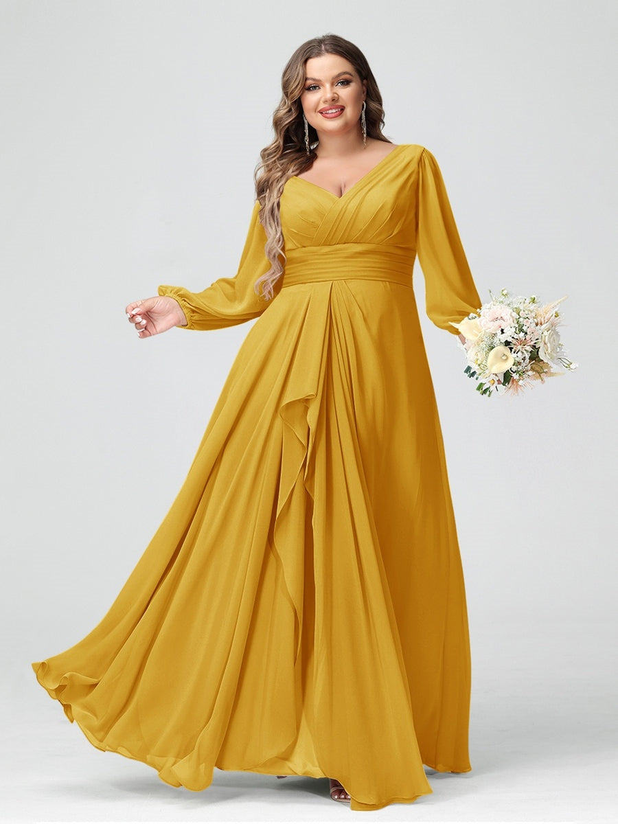 Plus Size Chiffon Bridesmaid Dress with V-Neck, Long Sleeves, and Pockets in A-Line/Princess Style