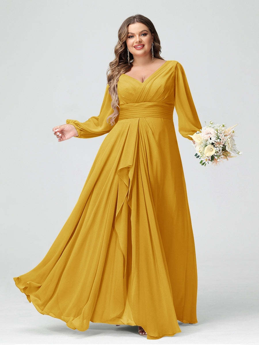 Plus Size Chiffon Bridesmaid Dress with V-Neck, Long Sleeves, and Pockets in A-Line/Princess Style