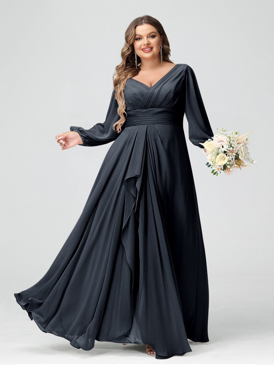 Plus Size Chiffon Bridesmaid Dress with V-Neck, Long Sleeves, and Pockets in A-Line/Princess Style