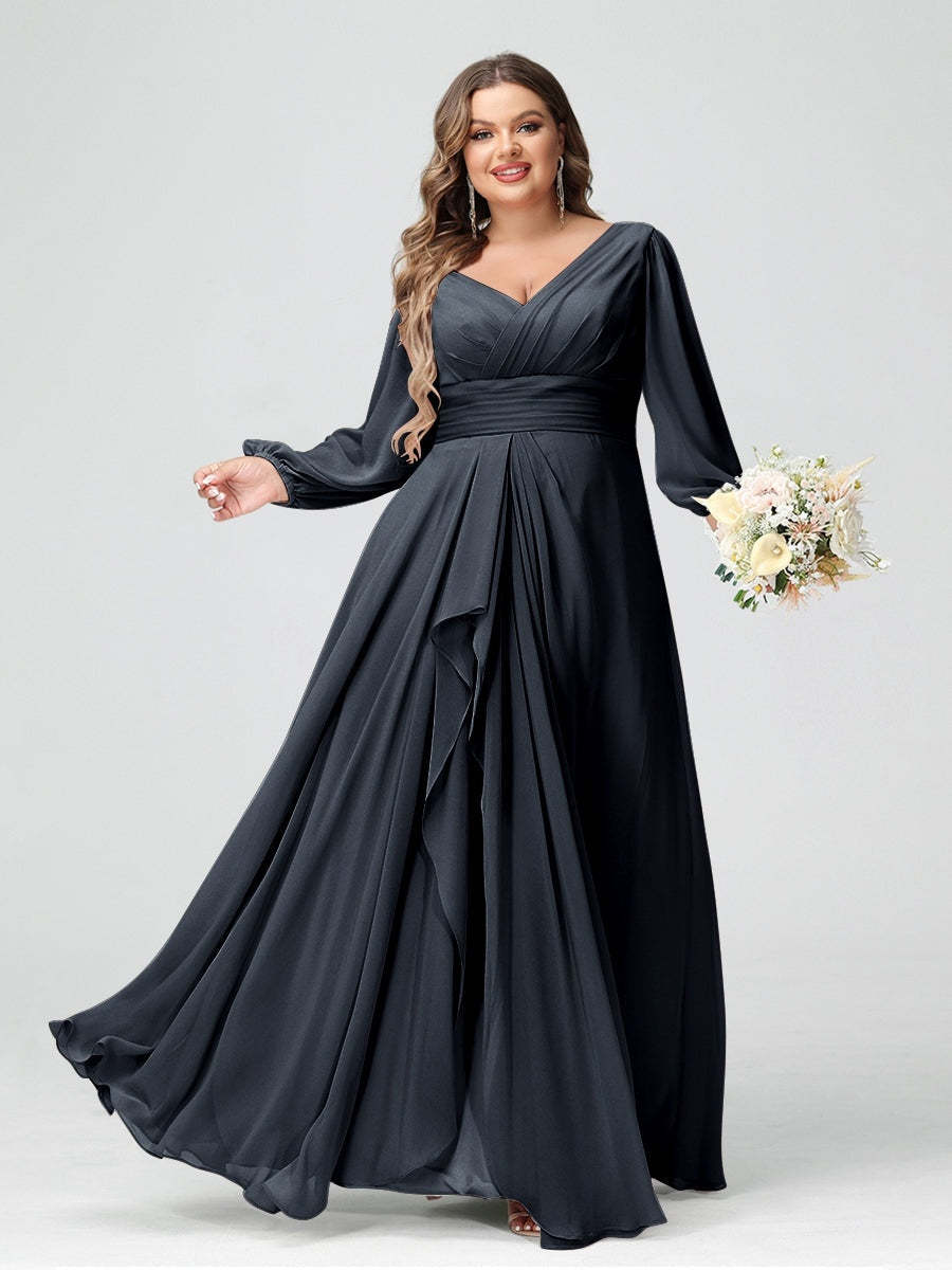 Plus Size Chiffon Bridesmaid Dress with V-Neck, Long Sleeves, and Pockets in A-Line/Princess Style