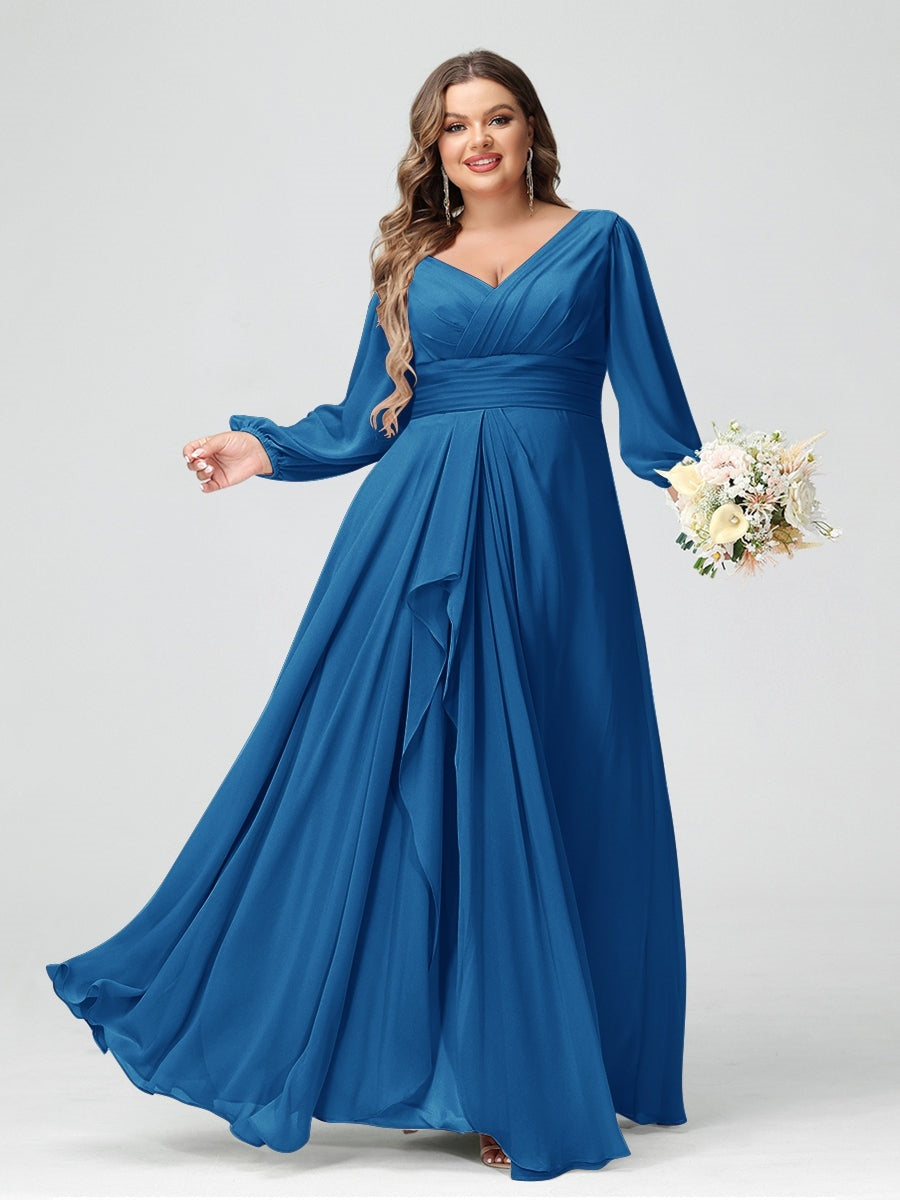 Plus Size Chiffon Bridesmaid Dress with V-Neck, Long Sleeves, and Pockets in A-Line/Princess Style