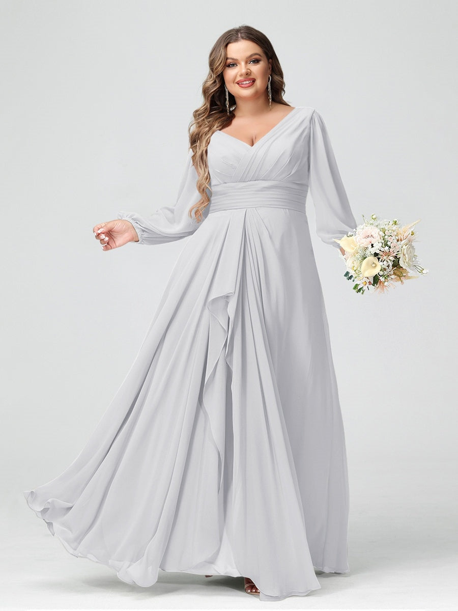 Plus Size Chiffon Bridesmaid Dress with V-Neck, Long Sleeves, and Pockets in A-Line/Princess Style