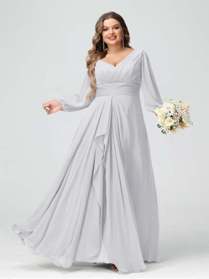 Plus Size Chiffon Bridesmaid Dress with V-Neck, Long Sleeves, and Pockets in A-Line/Princess Style
