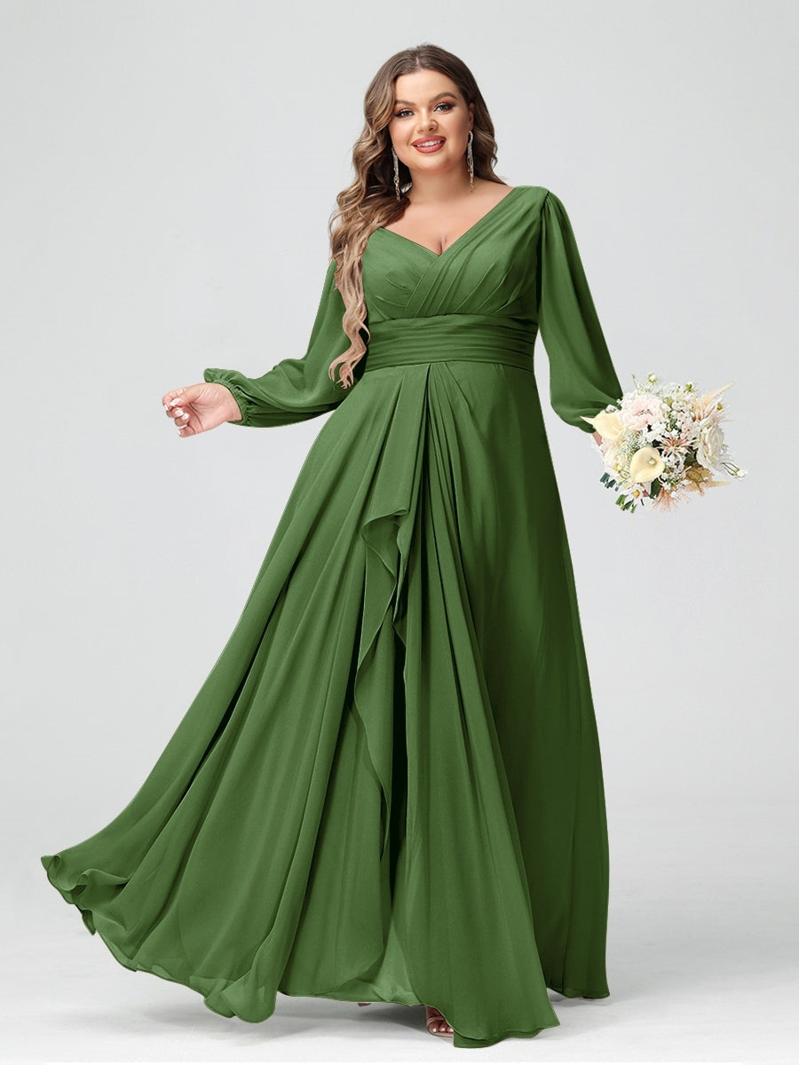 Plus Size Chiffon Bridesmaid Dress with V-Neck, Long Sleeves, and Pockets in A-Line/Princess Style