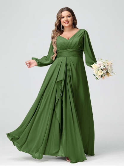 Plus Size Chiffon Bridesmaid Dress with V-Neck, Long Sleeves, and Pockets in A-Line/Princess Style