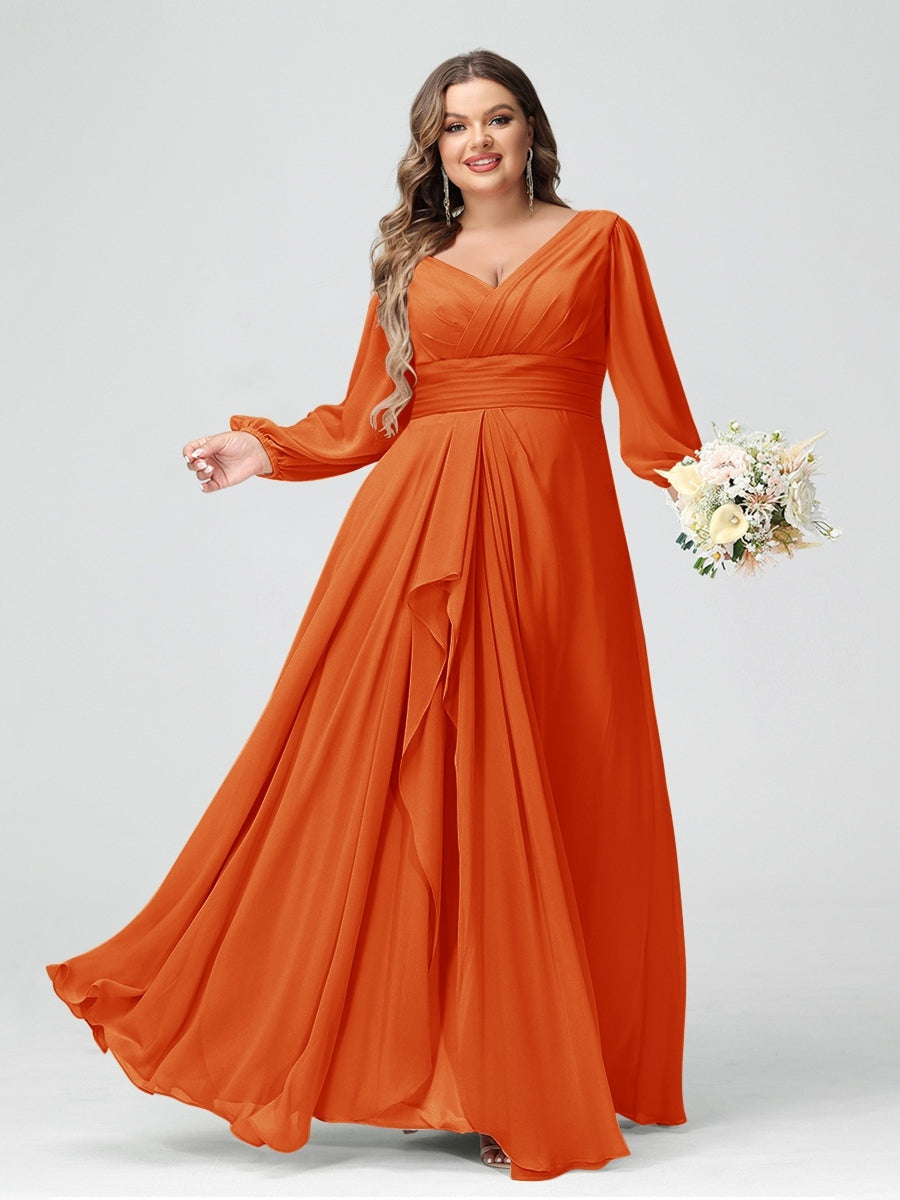 Plus Size Chiffon Bridesmaid Dress with V-Neck, Long Sleeves, and Pockets in A-Line/Princess Style