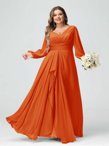 Plus Size Chiffon Bridesmaid Dress with V-Neck, Long Sleeves, and Pockets in A-Line/Princess Style