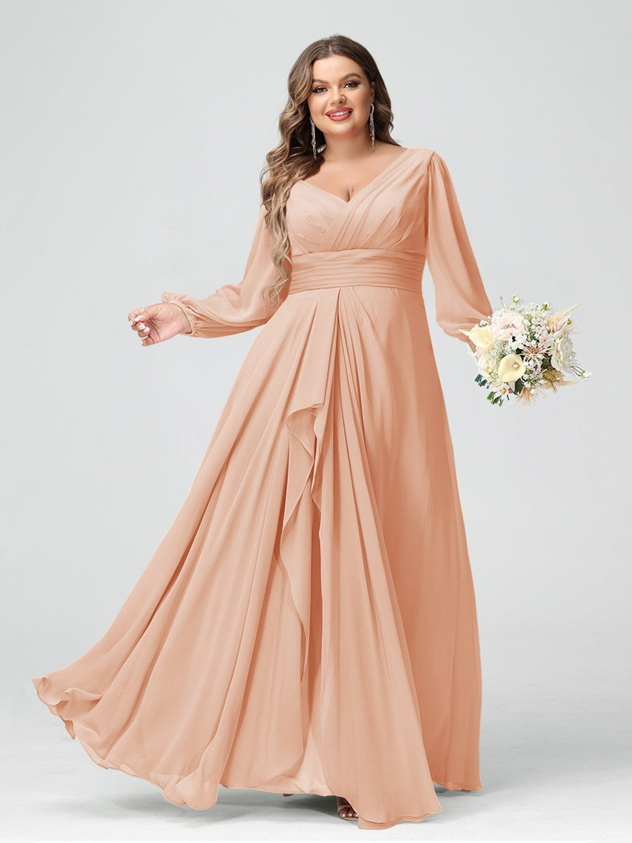Plus Size Chiffon Bridesmaid Dress with V-Neck, Long Sleeves, and Pockets in A-Line/Princess Style