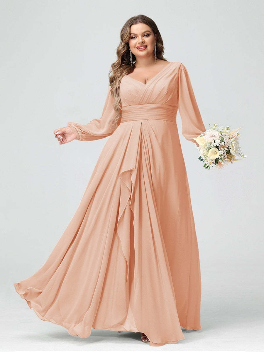 Plus Size Chiffon Bridesmaid Dress with V-Neck, Long Sleeves, and Pockets in A-Line/Princess Style