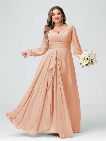 Plus Size Chiffon Bridesmaid Dress with V-Neck, Long Sleeves, and Pockets in A-Line/Princess Style