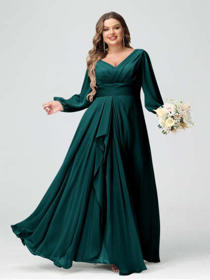 Plus Size Chiffon Bridesmaid Dress with V-Neck, Long Sleeves, and Pockets in A-Line/Princess Style
