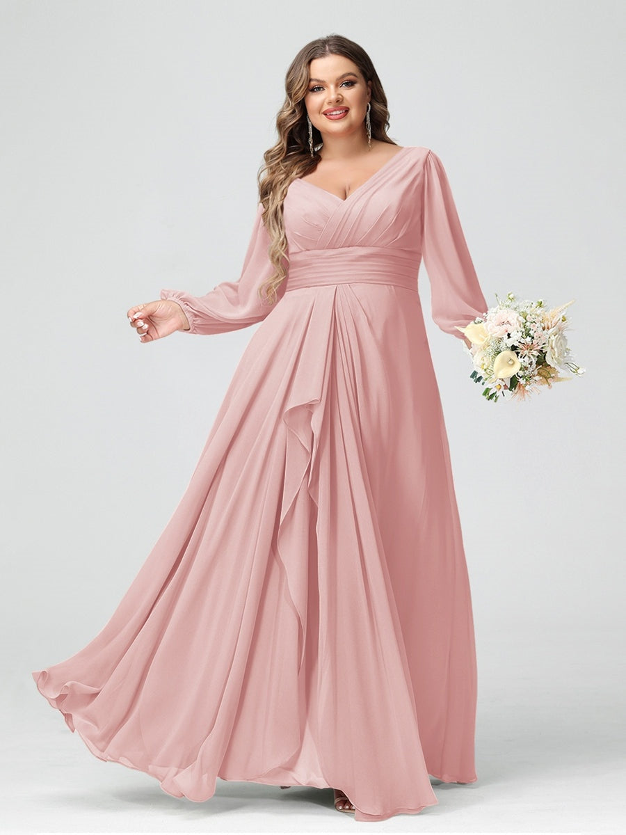 Plus Size Chiffon Bridesmaid Dress with V-Neck, Long Sleeves, and Pockets in A-Line/Princess Style