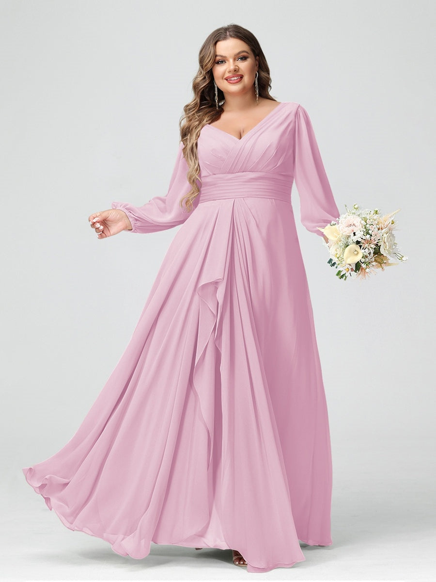 Plus Size Chiffon Bridesmaid Dress with V-Neck, Long Sleeves, and Pockets in A-Line/Princess Style