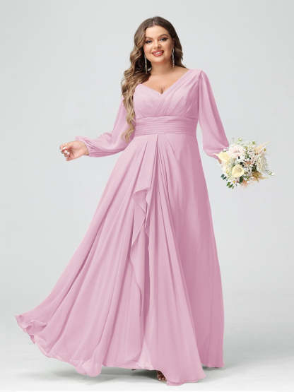 Plus Size Chiffon Bridesmaid Dress with V-Neck, Long Sleeves, and Pockets in A-Line/Princess Style