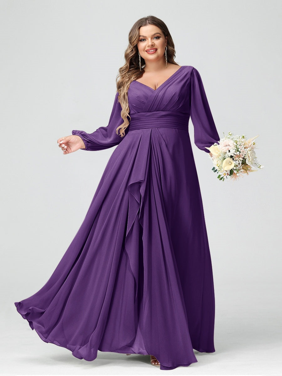 Plus Size Chiffon Bridesmaid Dress with V-Neck, Long Sleeves, and Pockets in A-Line/Princess Style
