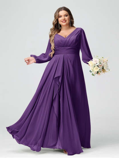 Plus Size Chiffon Bridesmaid Dress with V-Neck, Long Sleeves, and Pockets in A-Line/Princess Style