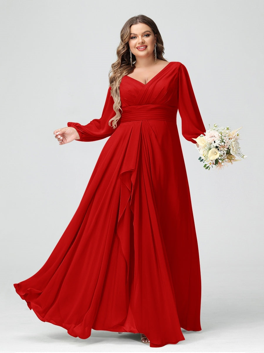 Plus Size Chiffon Bridesmaid Dress with V-Neck, Long Sleeves, and Pockets in A-Line/Princess Style