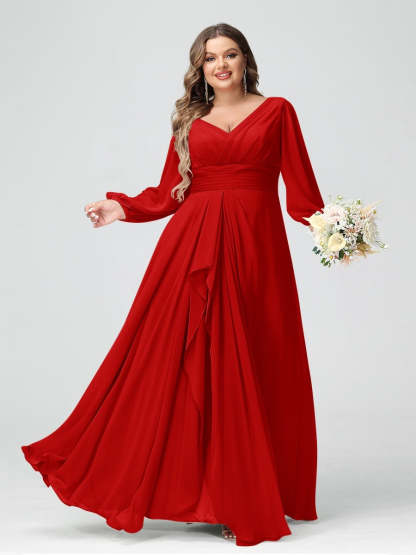 Plus Size Chiffon Bridesmaid Dress with V-Neck, Long Sleeves, and Pockets in A-Line/Princess Style
