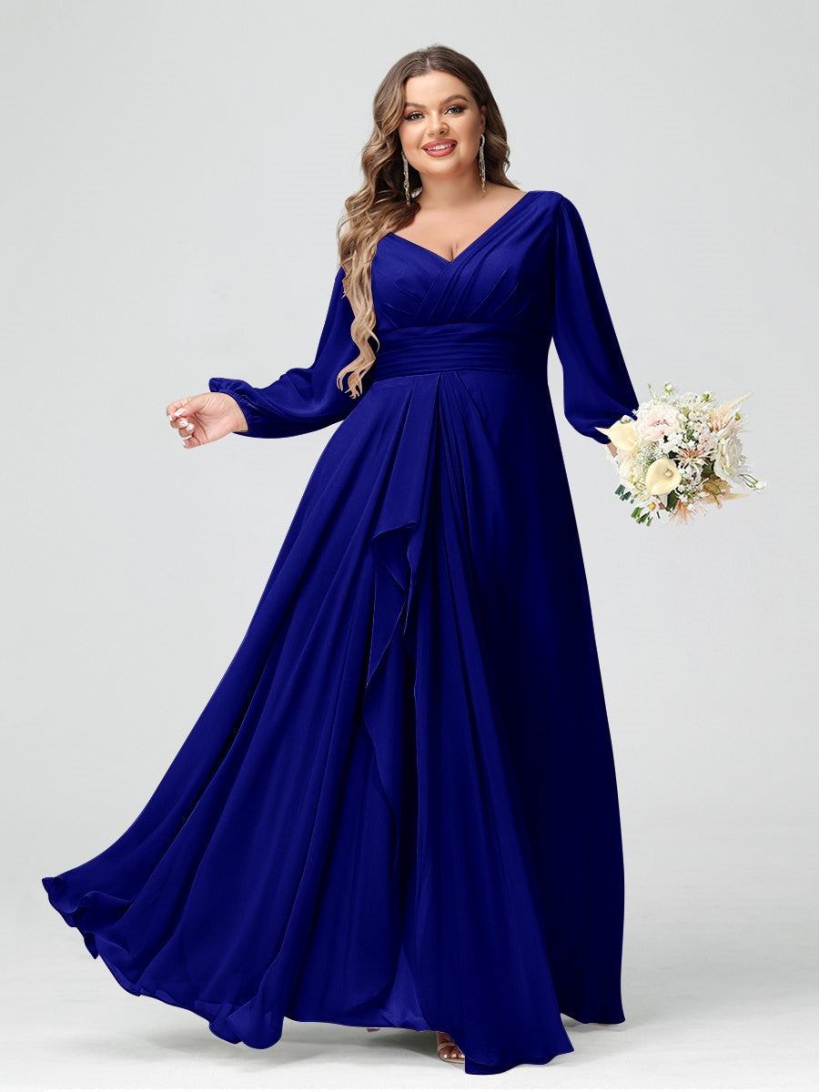 Plus Size Chiffon Bridesmaid Dress with V-Neck, Long Sleeves, and Pockets in A-Line/Princess Style
