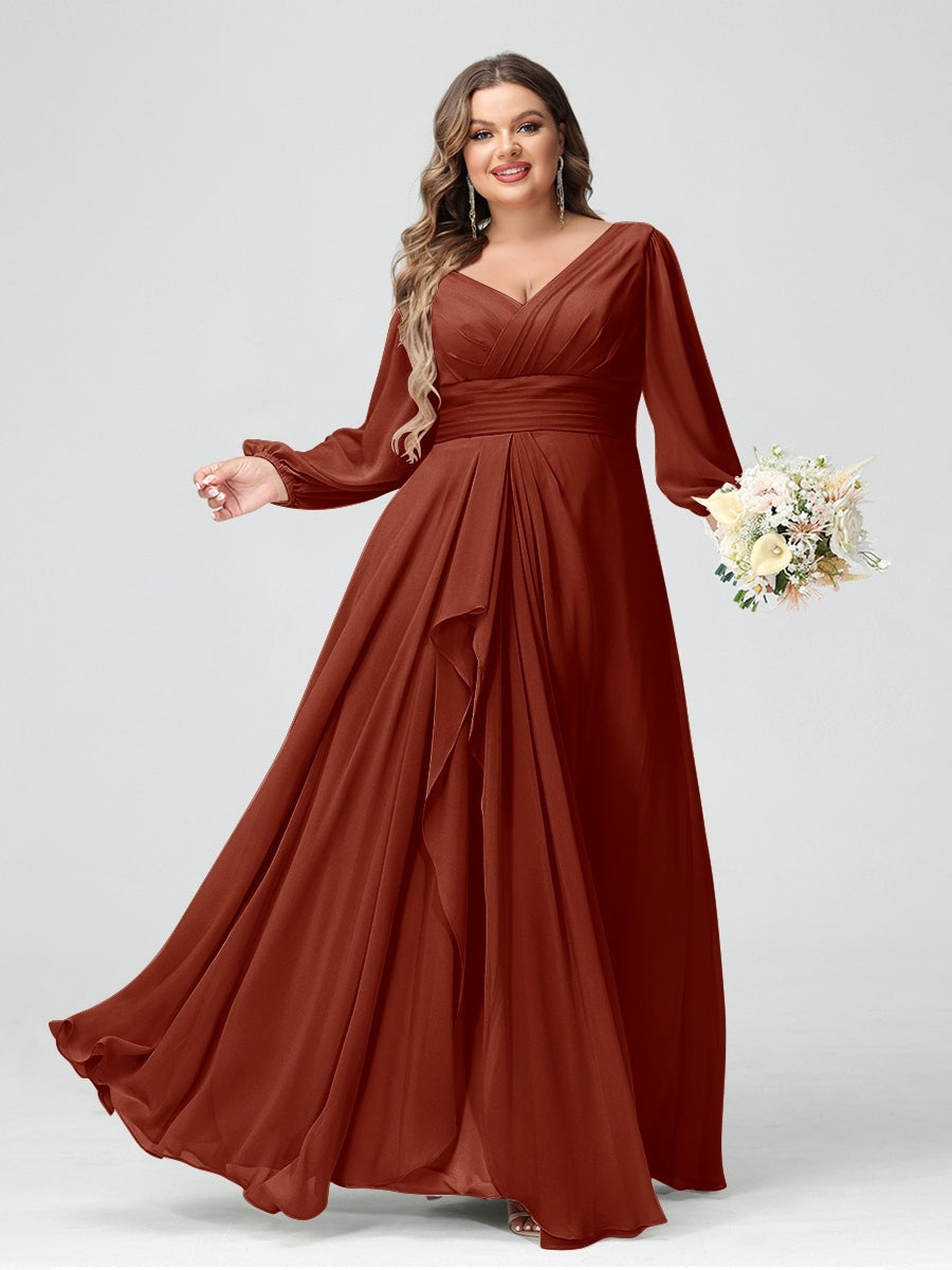 Plus Size Chiffon Bridesmaid Dress with V-Neck, Long Sleeves, and Pockets in A-Line/Princess Style