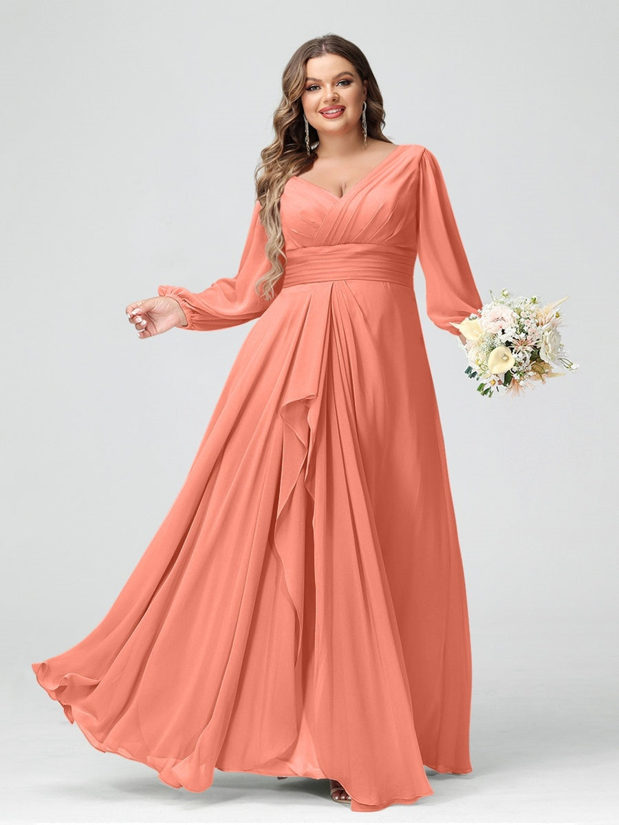 Plus Size Chiffon Bridesmaid Dress with V-Neck, Long Sleeves, and Pockets in A-Line/Princess Style