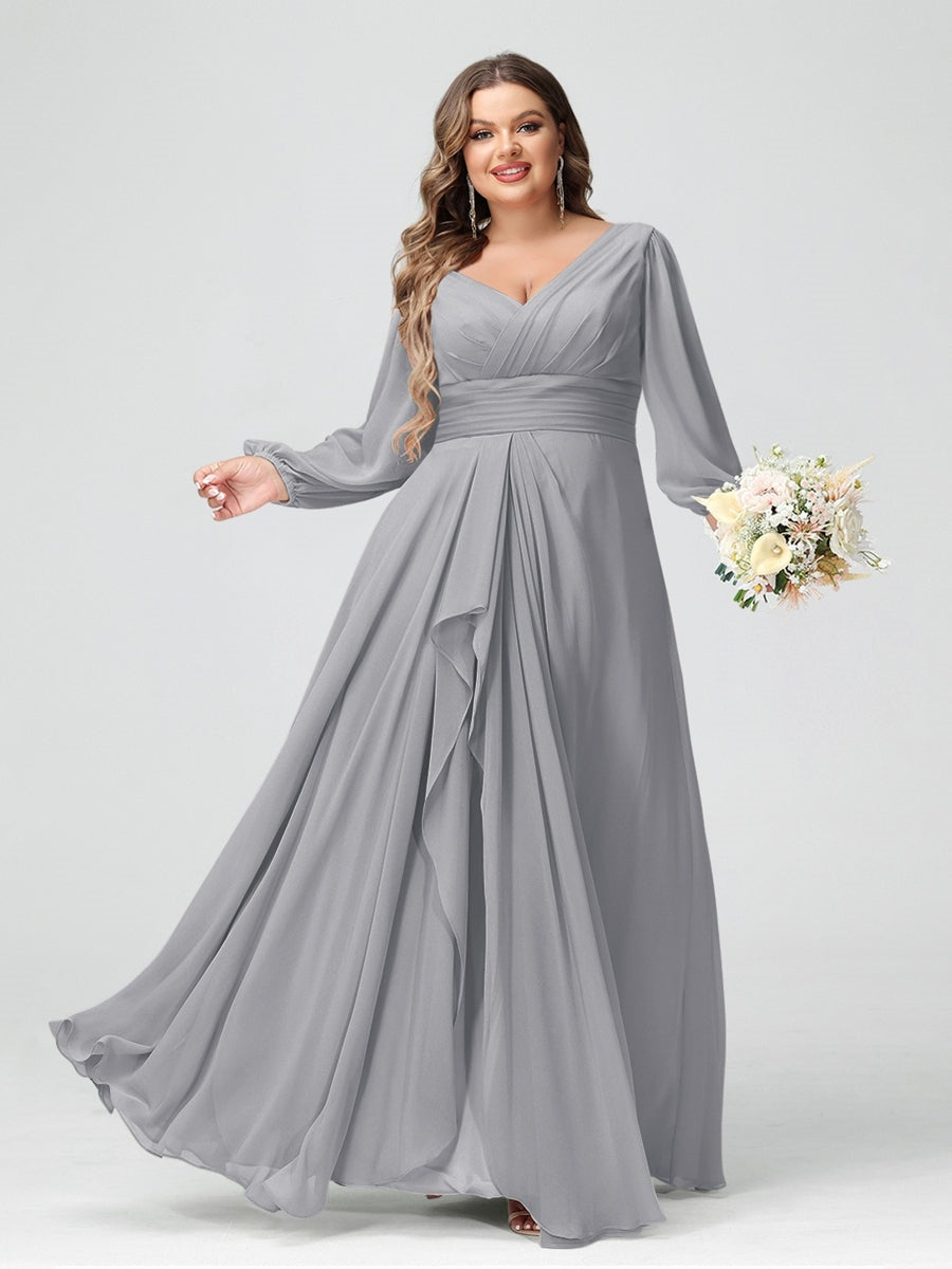 Plus Size Chiffon Bridesmaid Dress with V-Neck, Long Sleeves, and Pockets in A-Line/Princess Style