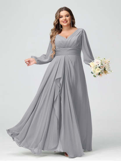 Plus Size Chiffon Bridesmaid Dress with V-Neck, Long Sleeves, and Pockets in A-Line/Princess Style