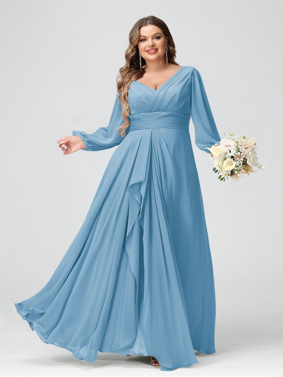 Plus Size Chiffon Bridesmaid Dress with V-Neck, Long Sleeves, and Pockets in A-Line/Princess Style