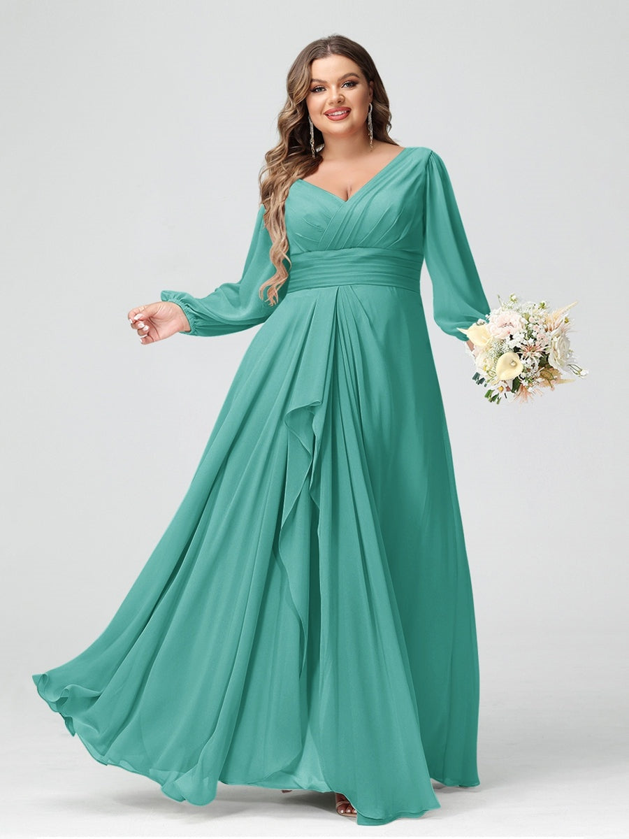 Plus Size Chiffon Bridesmaid Dress with V-Neck, Long Sleeves, and Pockets in A-Line/Princess Style