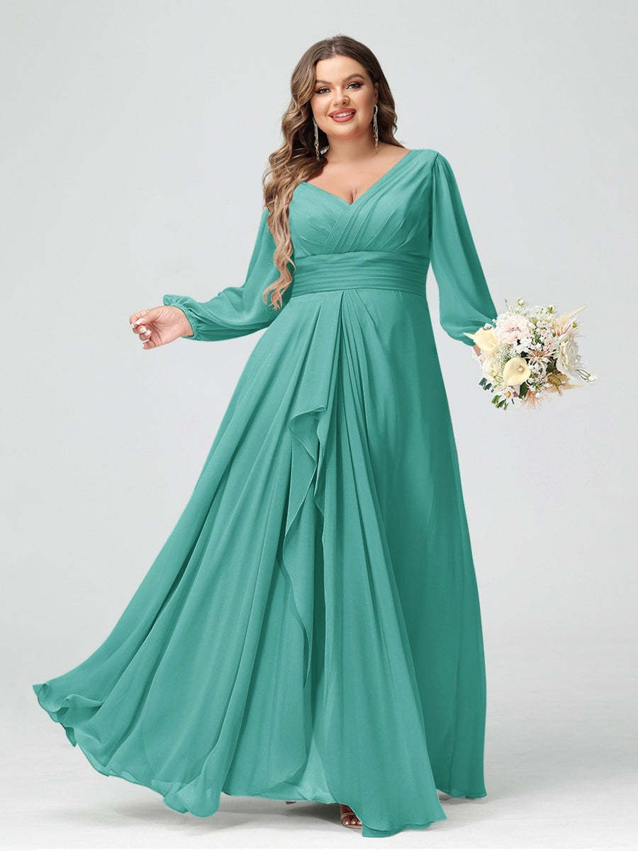 Plus Size Chiffon Bridesmaid Dress with V-Neck, Long Sleeves, and Pockets in A-Line/Princess Style