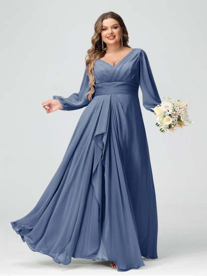 Plus Size Chiffon Bridesmaid Dress with V-Neck, Long Sleeves, and Pockets in A-Line/Princess Style