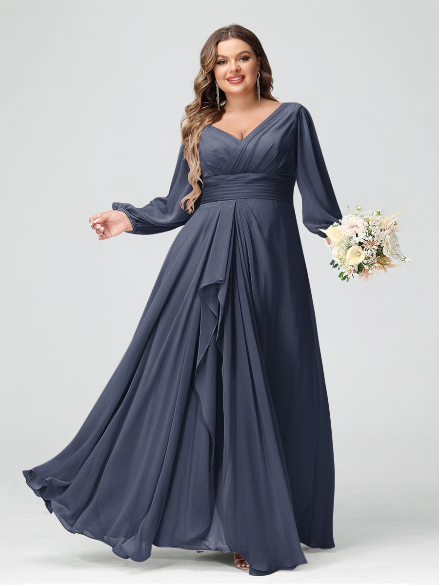 Plus Size Chiffon Bridesmaid Dress with V-Neck, Long Sleeves, and Pockets in A-Line/Princess Style