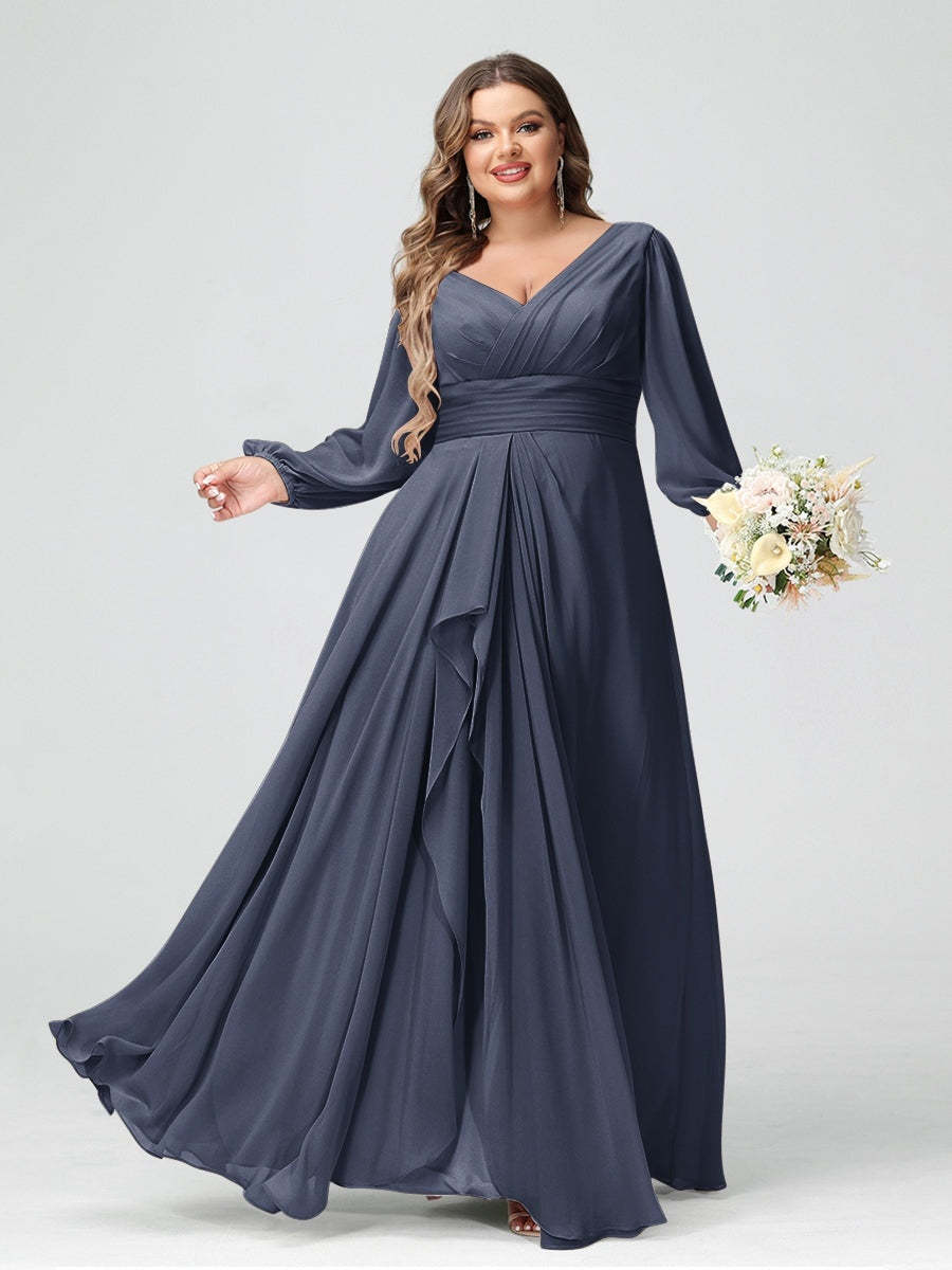 Plus Size Chiffon Bridesmaid Dress with V-Neck, Long Sleeves, and Pockets in A-Line/Princess Style