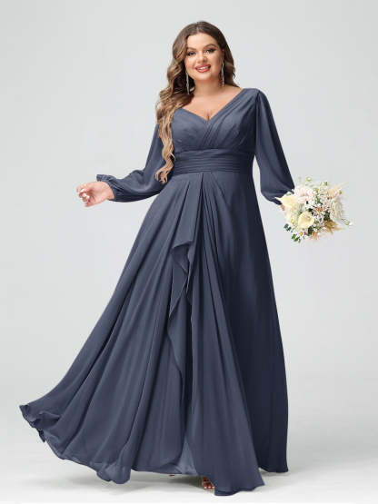 Plus Size Chiffon Bridesmaid Dress with V-Neck, Long Sleeves, and Pockets in A-Line/Princess Style