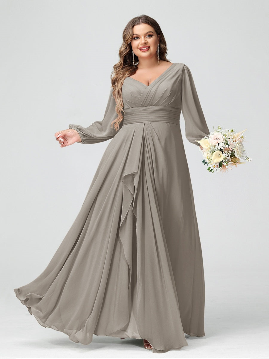 Plus Size Chiffon Bridesmaid Dress with V-Neck, Long Sleeves, and Pockets in A-Line/Princess Style