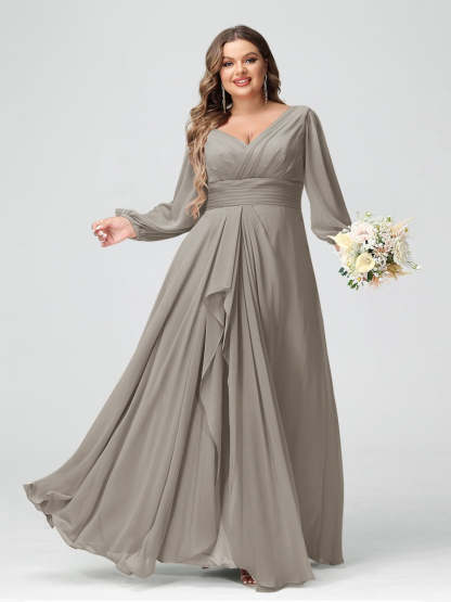 Plus Size Chiffon Bridesmaid Dress with V-Neck, Long Sleeves, and Pockets in A-Line/Princess Style