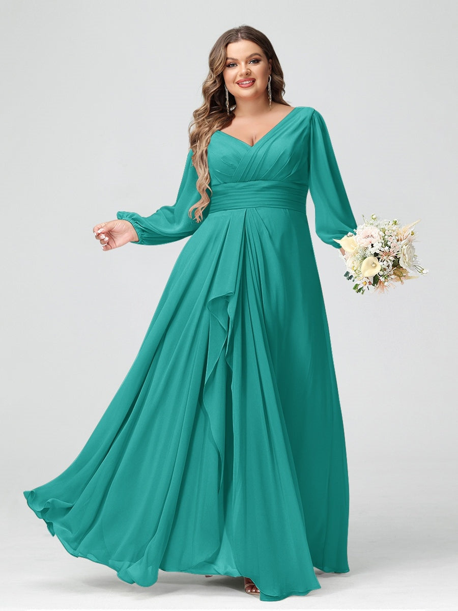 Plus Size Chiffon Bridesmaid Dress with V-Neck, Long Sleeves, and Pockets in A-Line/Princess Style
