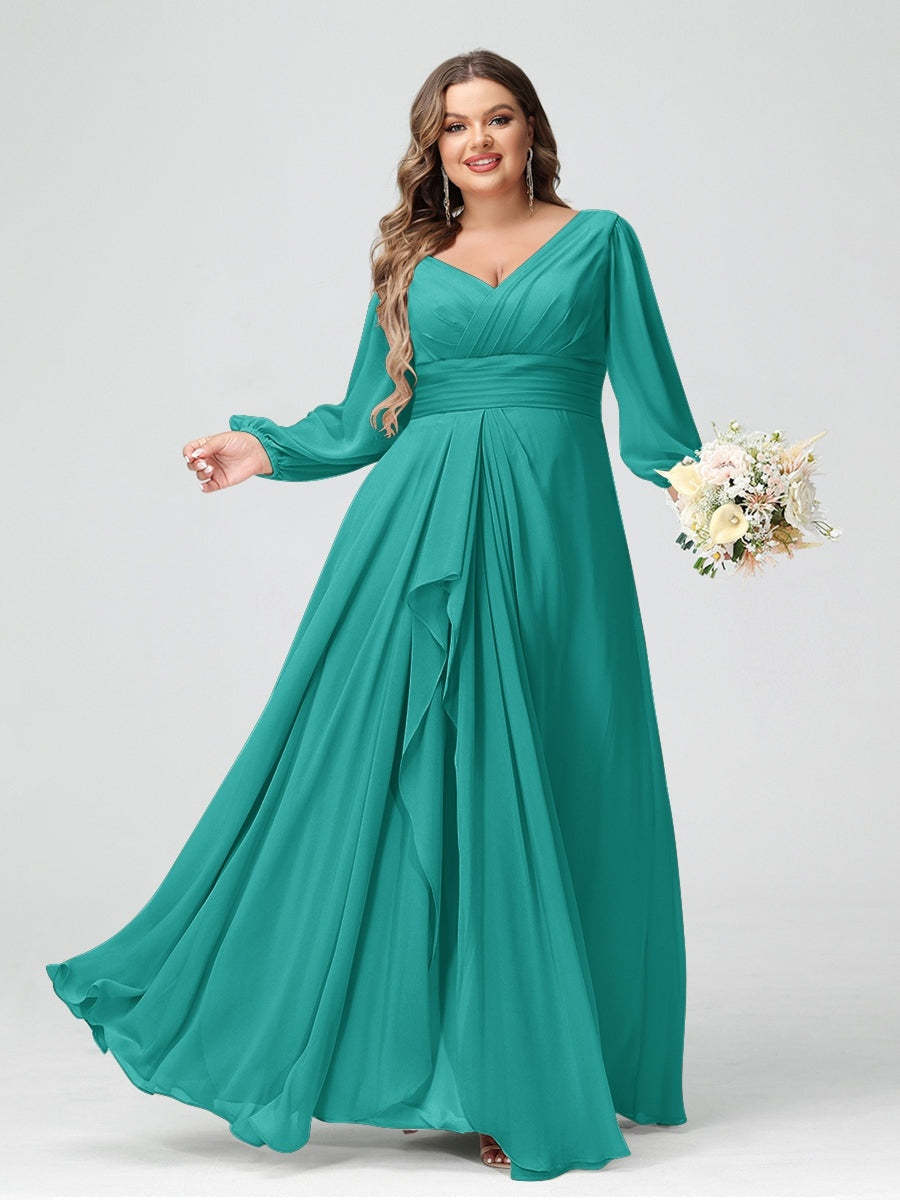 Plus Size Chiffon Bridesmaid Dress with V-Neck, Long Sleeves, and Pockets in A-Line/Princess Style
