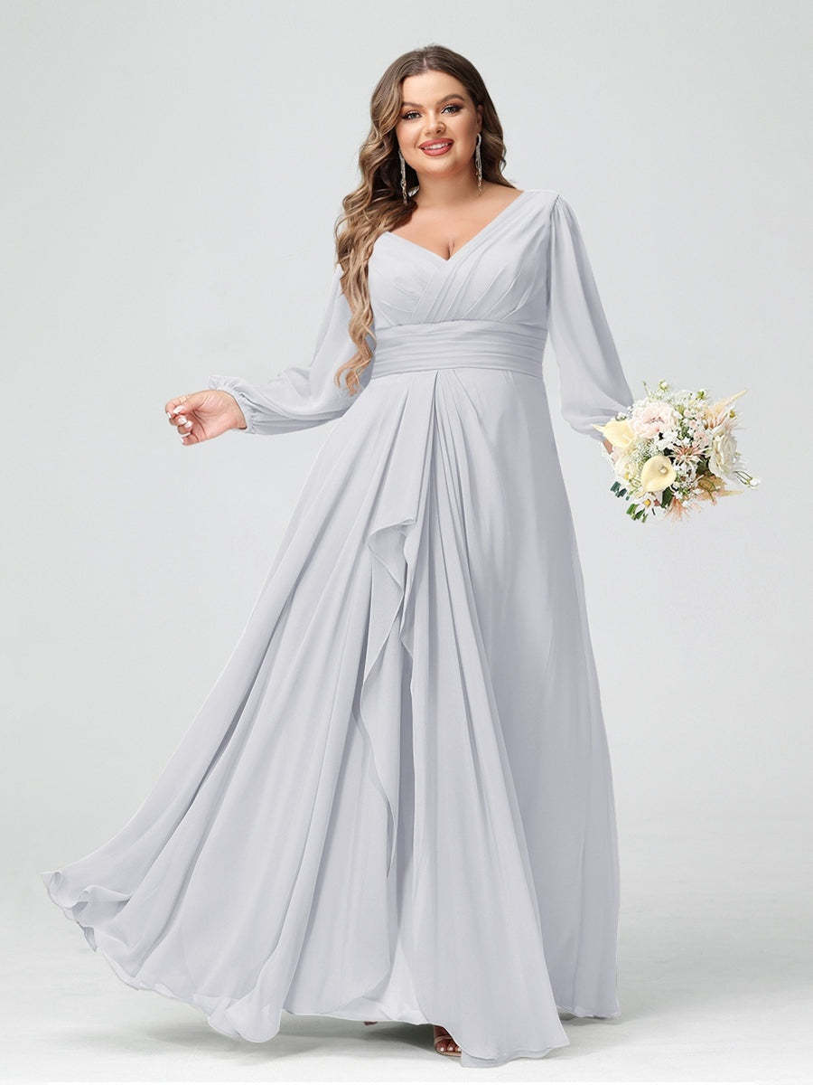 Plus Size Chiffon Bridesmaid Dress with V-Neck, Long Sleeves, and Pockets in A-Line/Princess Style