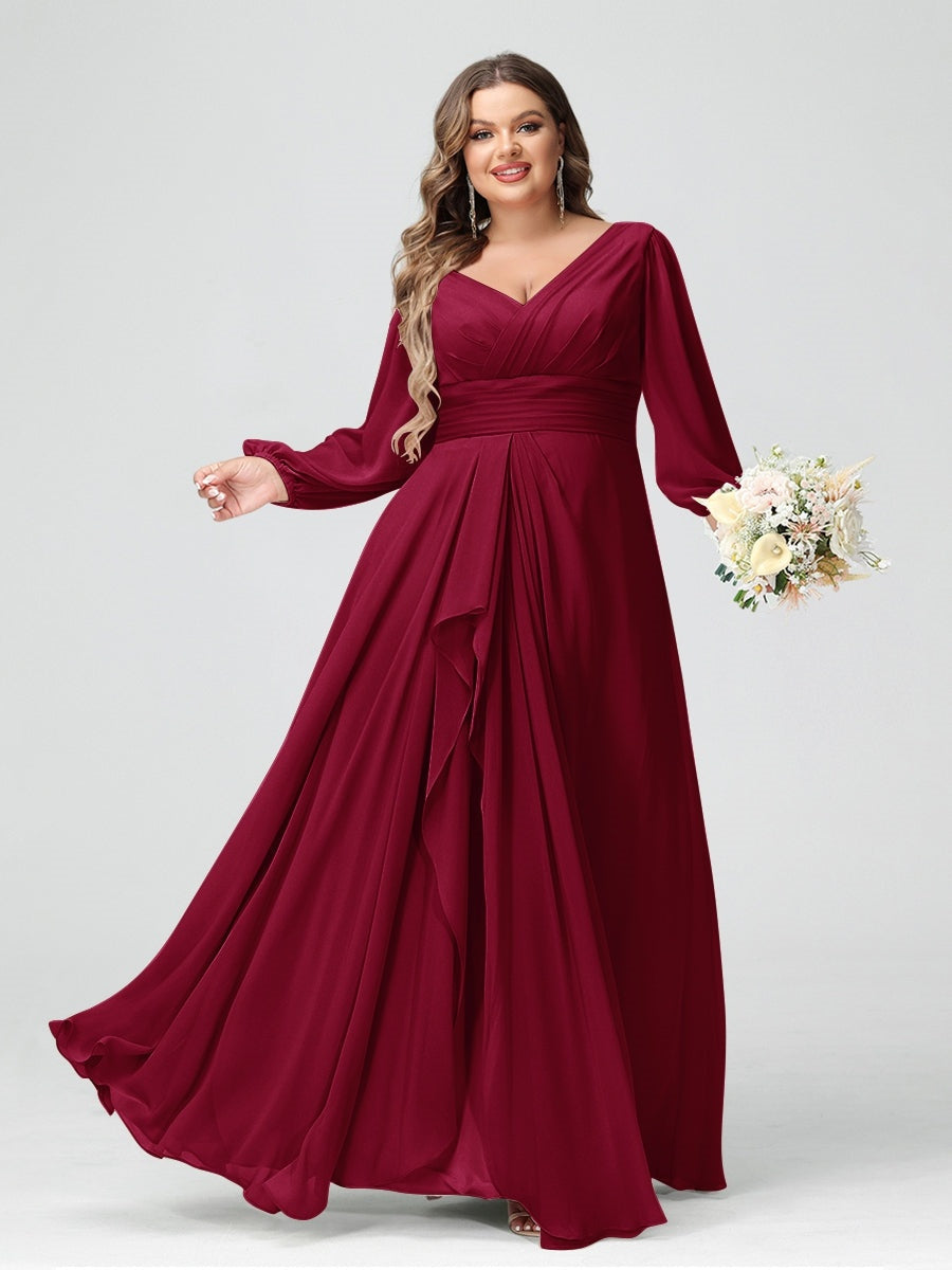 Plus Size Chiffon Bridesmaid Dress with V-Neck, Long Sleeves, and Pockets in A-Line/Princess Style