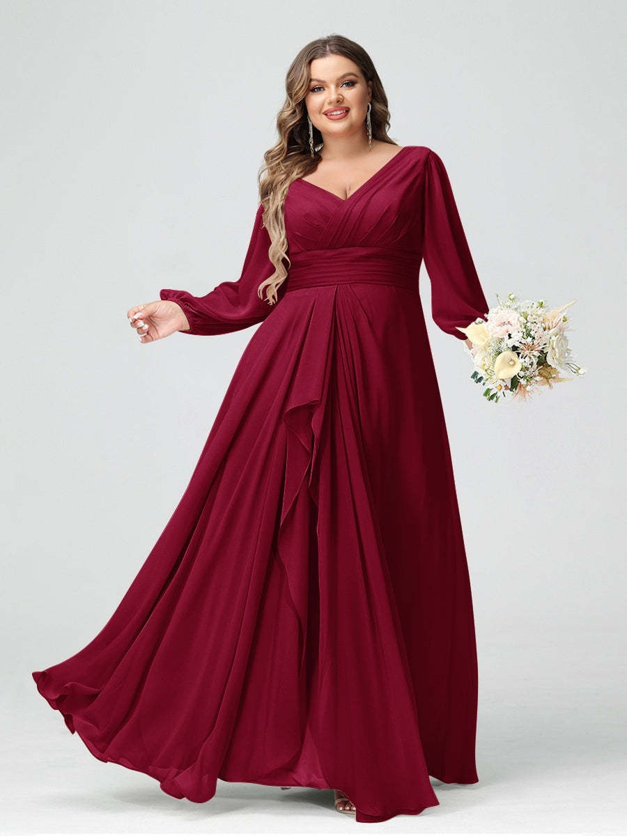 Plus Size Chiffon Bridesmaid Dress with V-Neck, Long Sleeves, and Pockets in A-Line/Princess Style